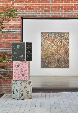 nstallation view with Healing Cubes (1-3), gemstone terrazzo, 18 x 18 inches each.