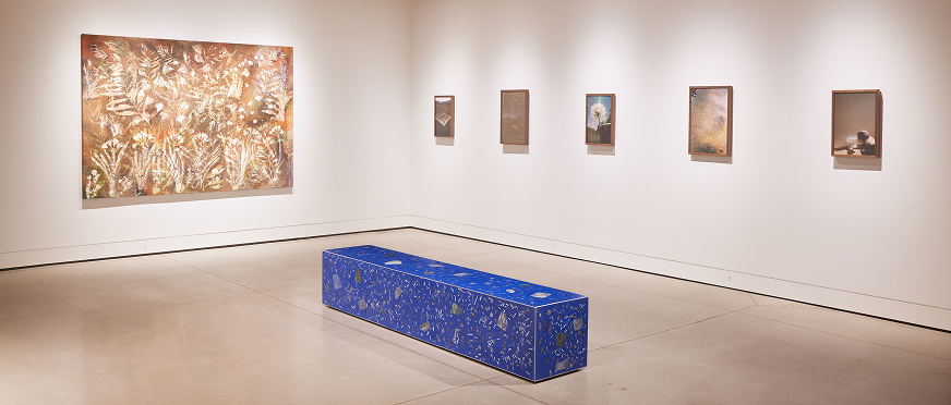 Installation view with Healing Sculpture (2), 2025, gemstone terrazzo, 8ft 1 inch x 18 x 18 inches.