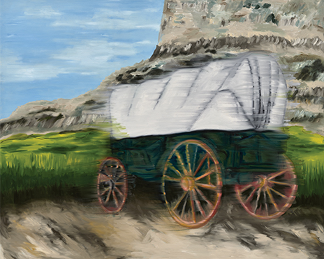 Lost Frontiers (detail), 2025. Oil paint on canvas, 82 x 100 inches.